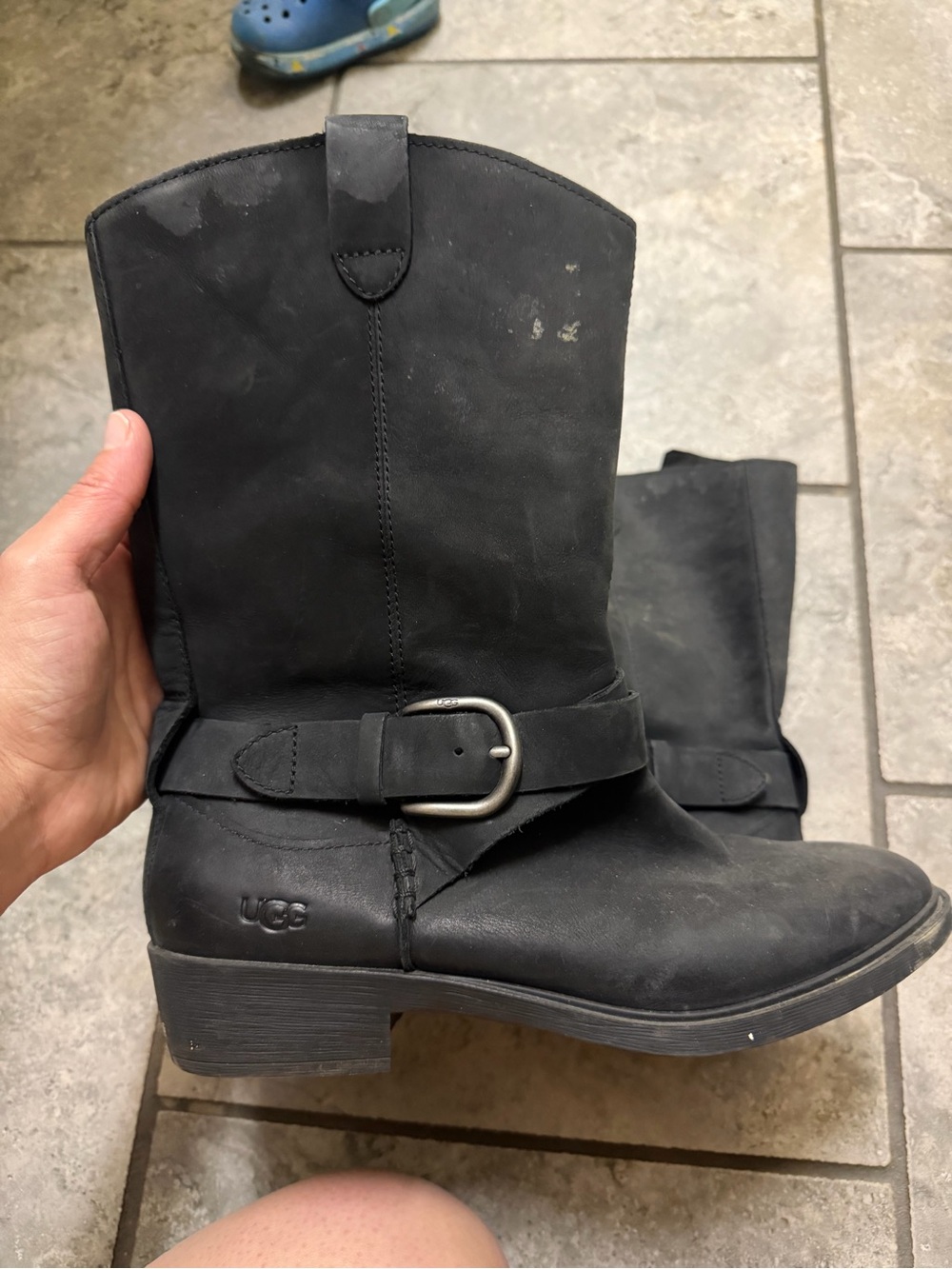 UGG Black Leather Mid-Calf Buckle Heeled Boots